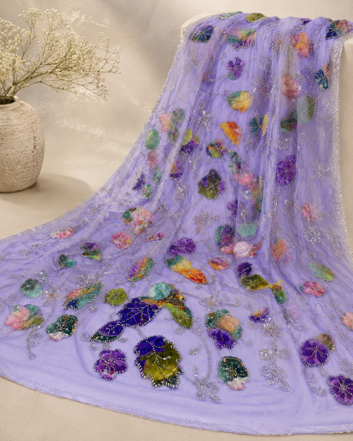 Embellished Net Fabric – Lavender Multicolour Petal Appliqué with Silver Bead Scrollwork