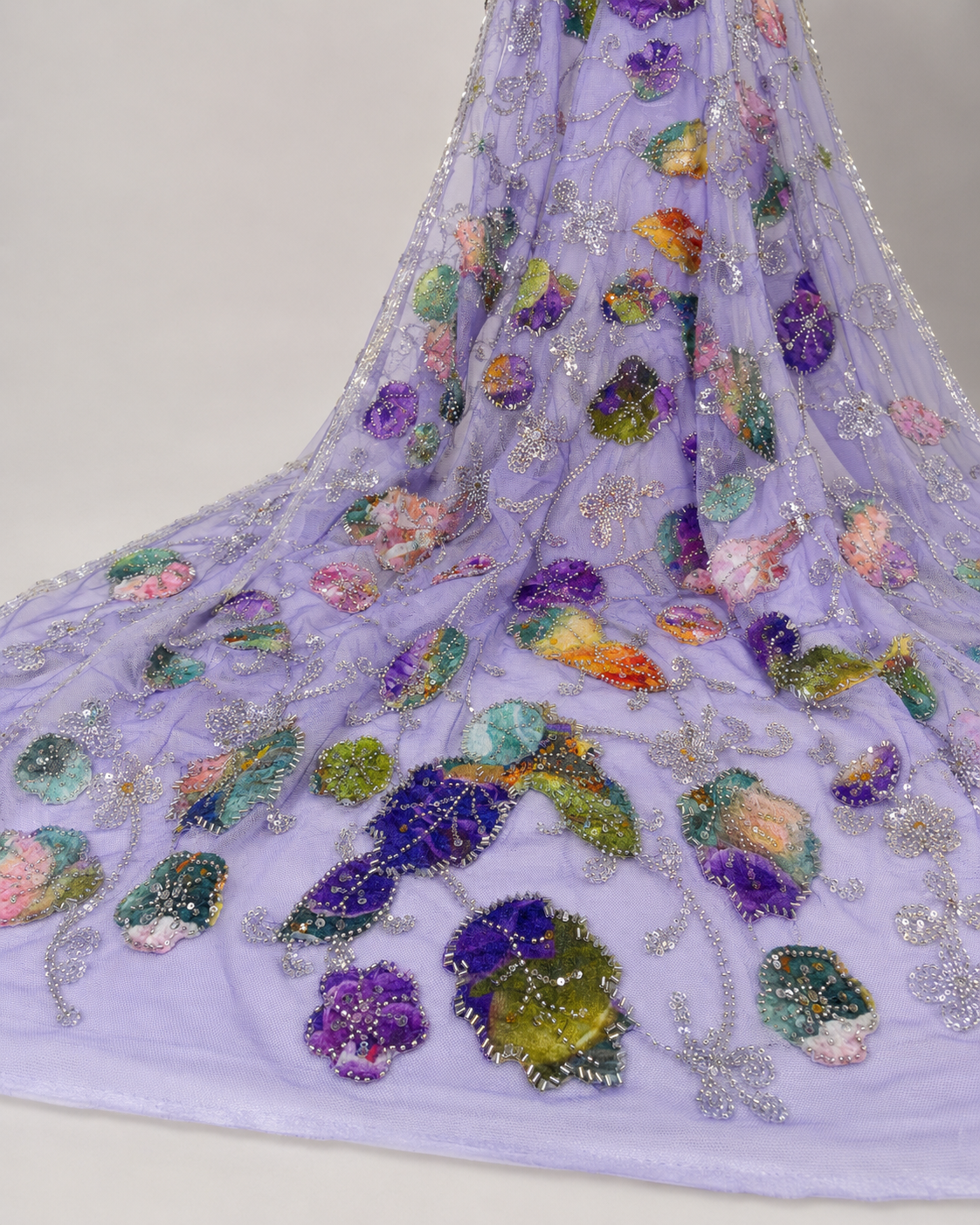 Embellished Net Fabric – Lavender Multicolour Petal Appliqué with Silver Bead Scrollwork - Image 2