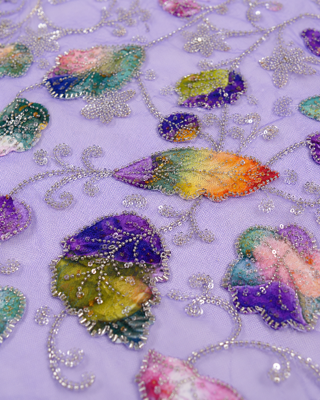 Embellished Net Fabric – Lavender Multicolour Petal Appliqué with Silver Bead Scrollwork - Image 3