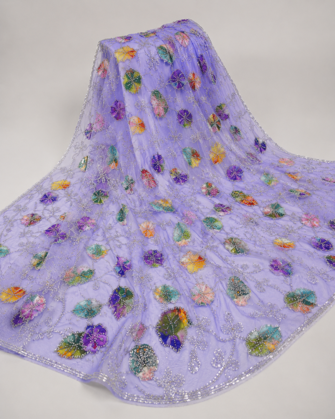Embellished Net Fabric – Lavender Multicolour Petal Appliqué with Silver Bead Scrollwork - Image 4