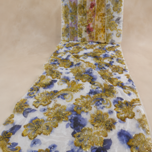 Printed Net Fabric – Blue Floral Print with Gold Butterfly & Scrollwork Bead Embellished