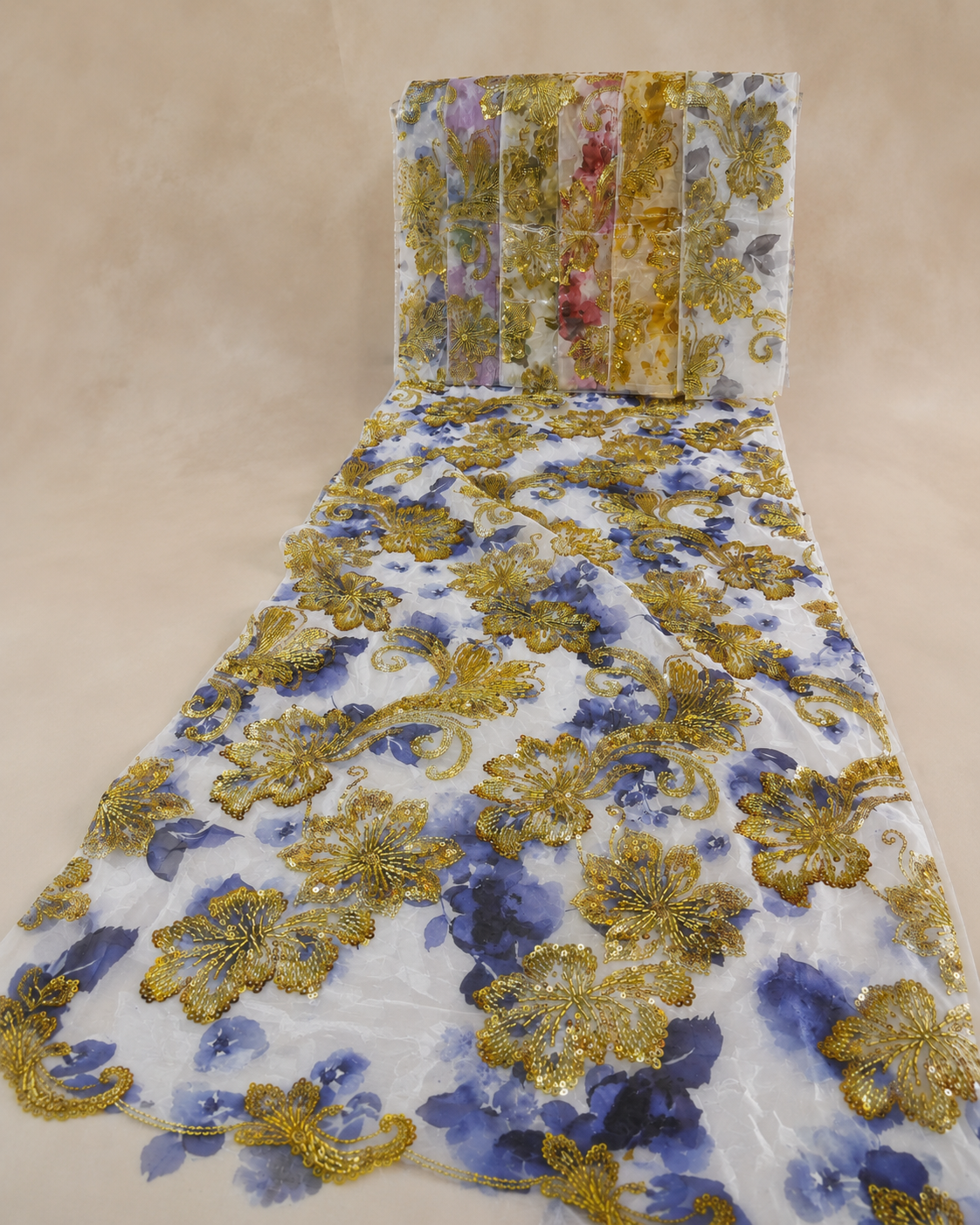 Printed Net Fabric – Blue Floral Print with Gold Butterfly & Scrollwork Bead Embellished