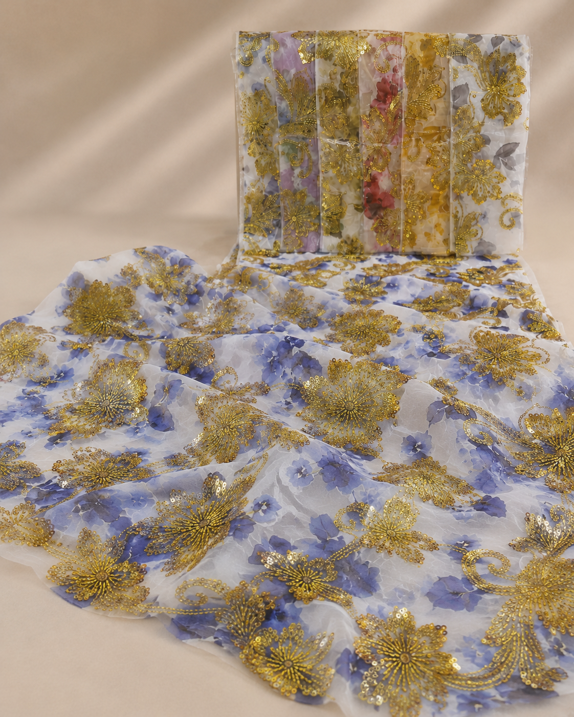 Printed Net Fabric – Blue Floral Print with Gold Butterfly & Scrollwork Bead Embellished - Image 2