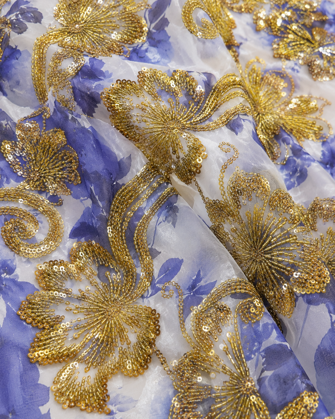 Printed Net Fabric – Blue Floral Print with Gold Butterfly & Scrollwork Bead Embellished - Image 3