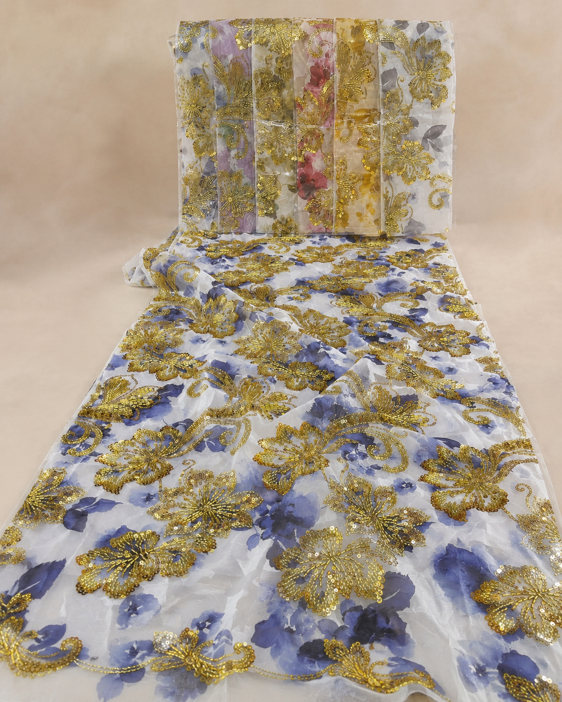 Printed Net Fabric – Blue Floral Print with Gold Butterfly & Scrollwork Bead Embellished - Image 4