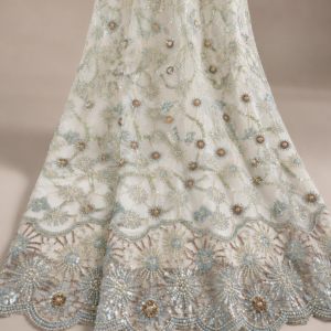 Bridal Net Fabric – Ivory Powder Blue & Gold Daisy Vine Bead Embroidered with Sunburst Border