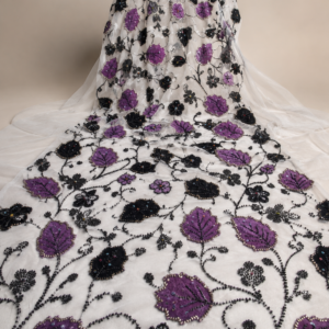 Embellished Net Fabric – Purple & Black Floral Leaf Vine Bead & Sequin Embroidered