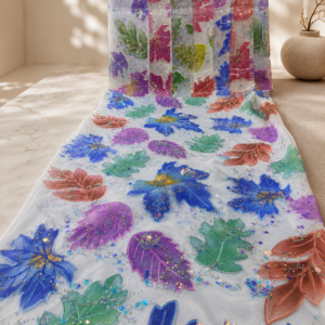 Printed Net Fabric – White Multicolour Botanical Leaf Appliqué with Iridescent Bead & Sequin Scatter