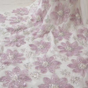 Embellished Net Fabric – Blush Mauve Daisy Appliqué with Silver Bead & Sequin Centres