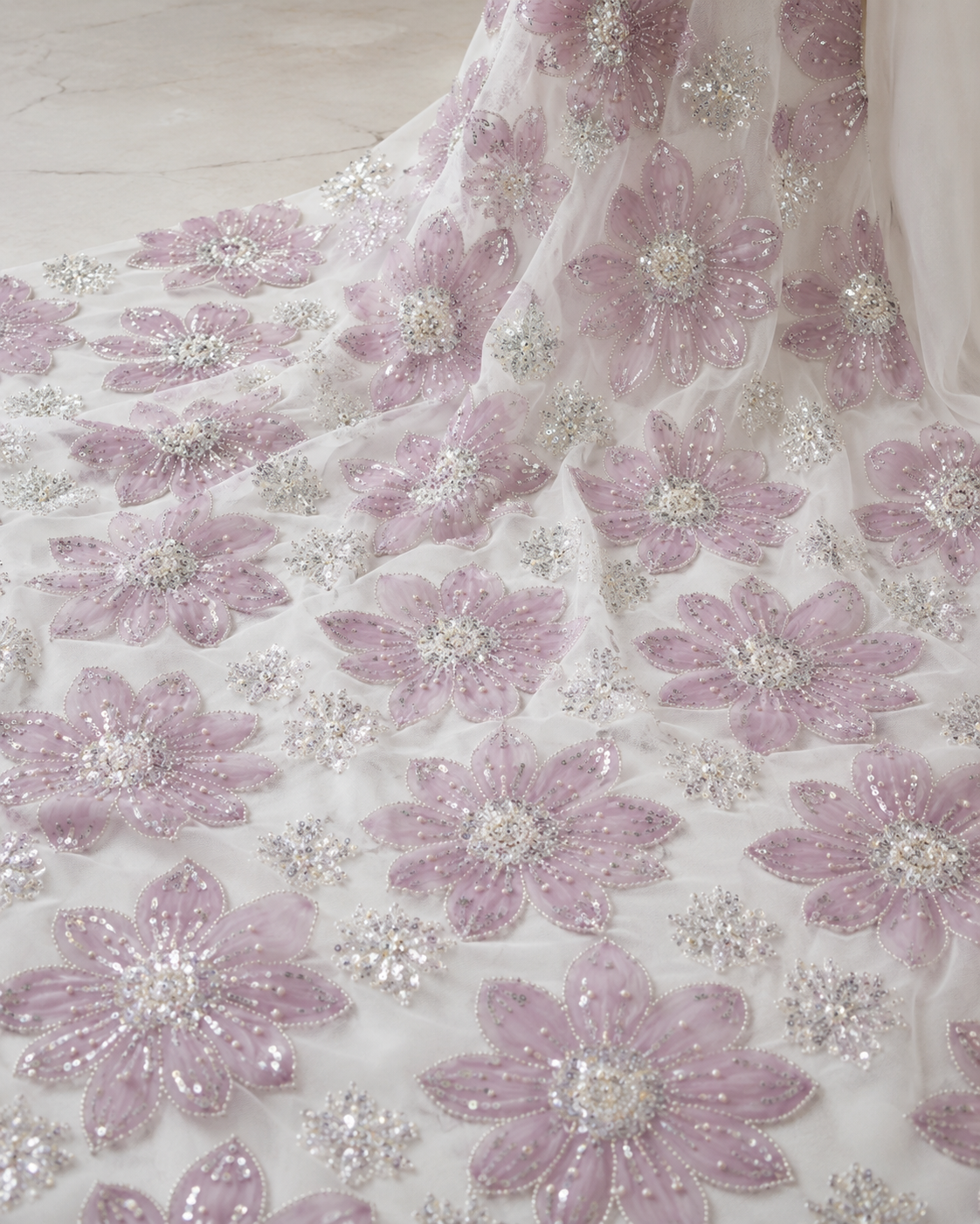 Embellished Net Fabric – Blush Mauve Daisy Appliqué with Silver Bead & Sequin Centres