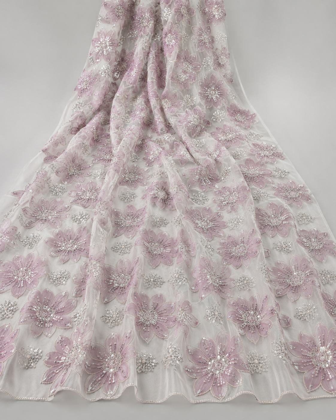 Embellished Net Fabric – Blush Mauve Daisy Appliqué with Silver Bead & Sequin Centres - Image 2