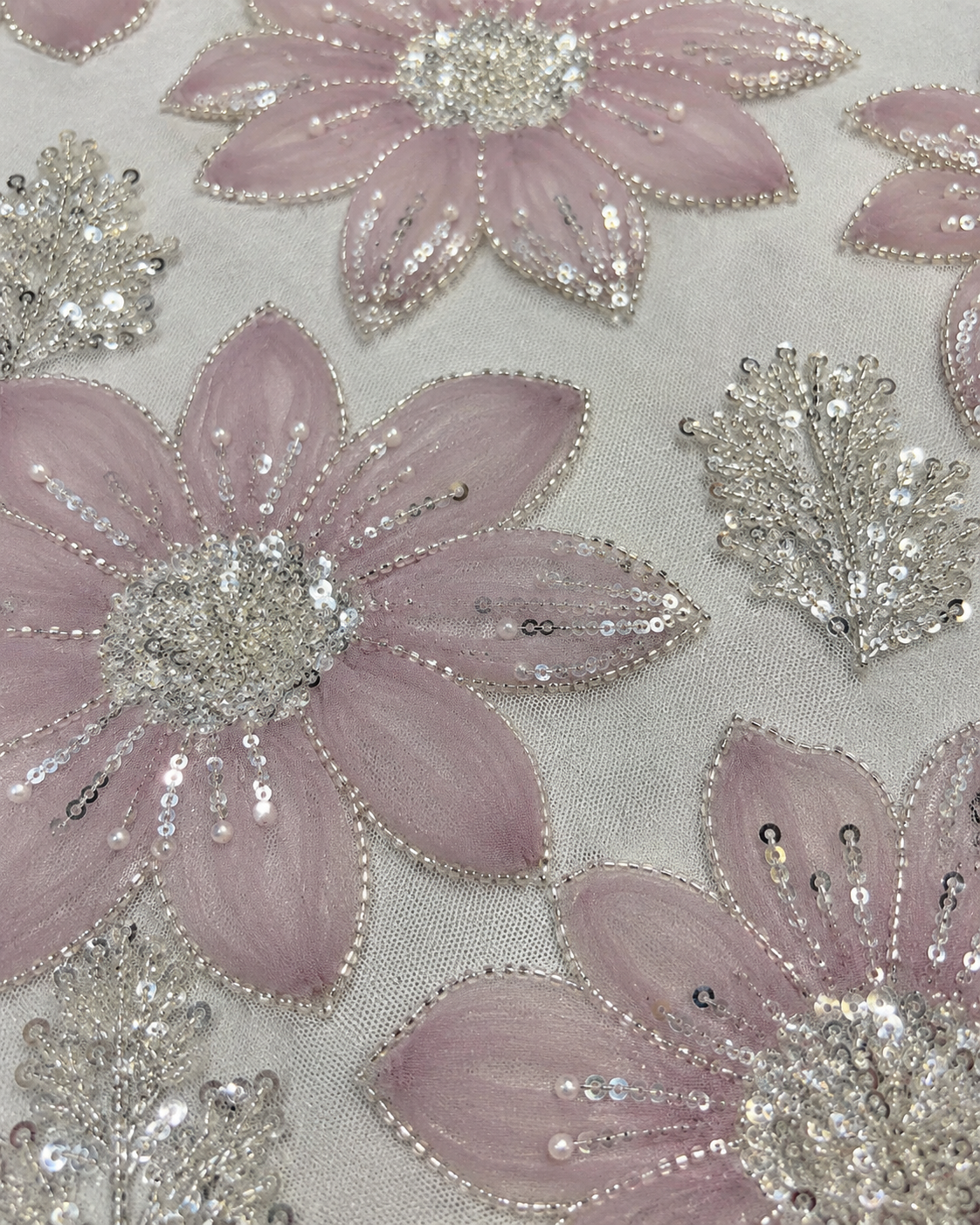 Embellished Net Fabric – Blush Mauve Daisy Appliqué with Silver Bead & Sequin Centres - Image 3