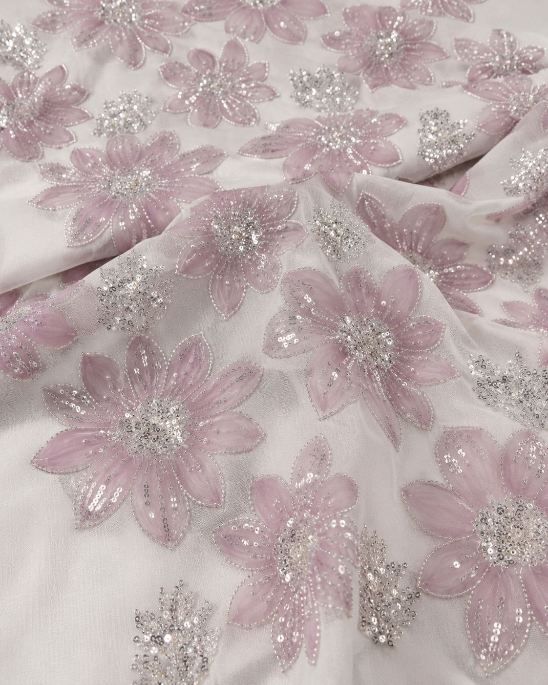 Embellished Net Fabric – Blush Mauve Daisy Appliqué with Silver Bead & Sequin Centres - Image 4