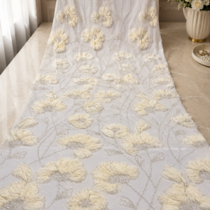 Bridal Net Fabric – Ivory 3D Ruffle Floral with Pearl Bead Vine Embroidery