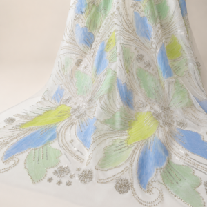 Printed Net Fabric – Sky Blue, Mint & Yellow Large Petal Floral with Silver Bead Scrollwork