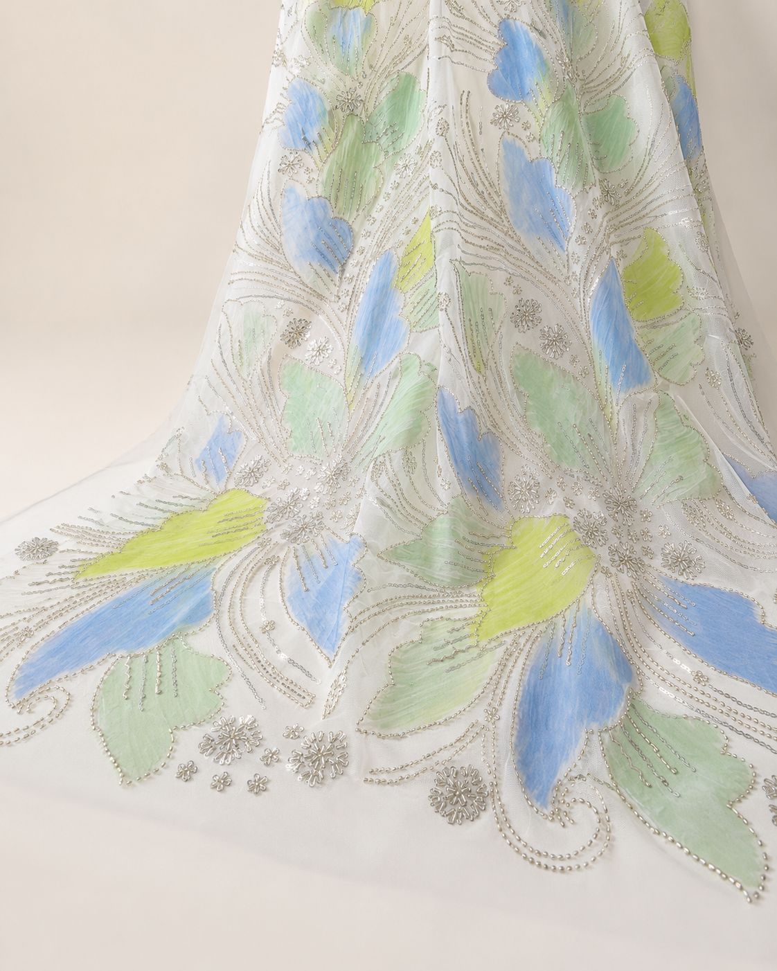 Printed Net Fabric – Sky Blue, Mint & Yellow Large Petal Floral with Silver Bead Scrollwork