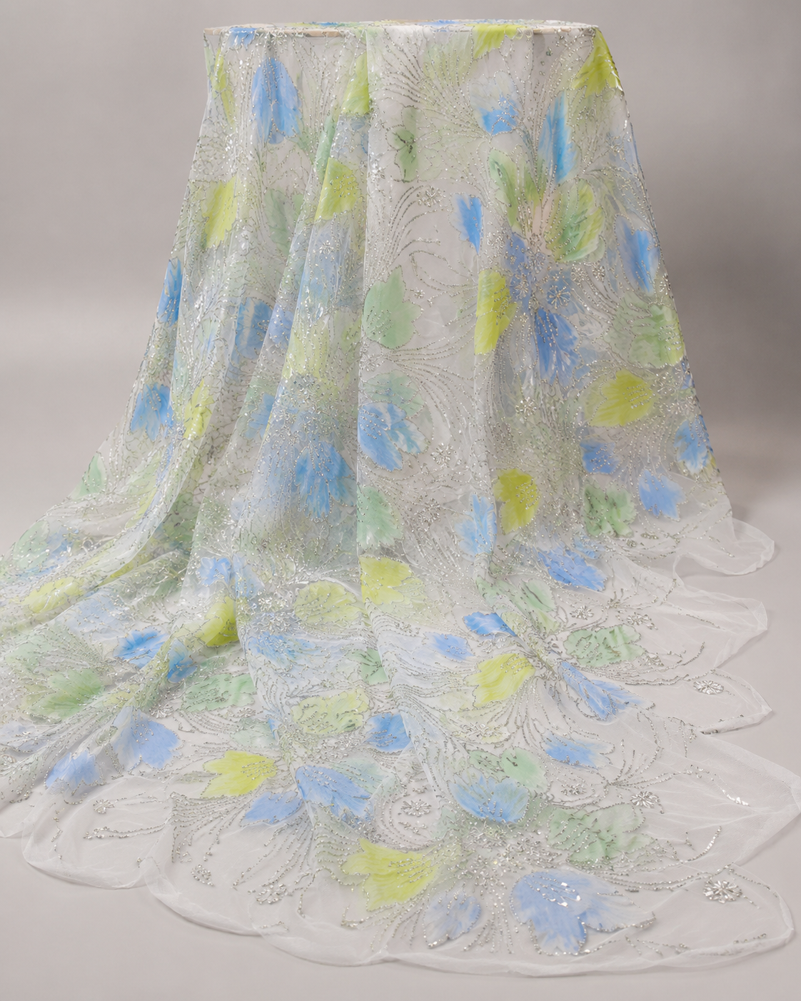 Printed Net Fabric – Sky Blue, Mint & Yellow Large Petal Floral with Silver Bead Scrollwork - Image 2