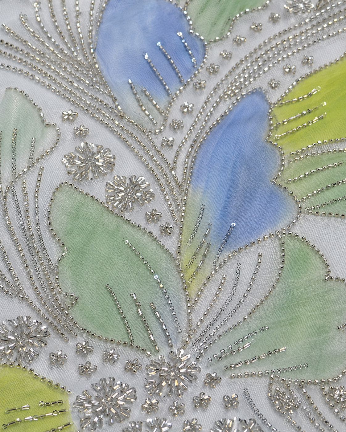 Printed Net Fabric – Sky Blue, Mint & Yellow Large Petal Floral with Silver Bead Scrollwork - Image 3