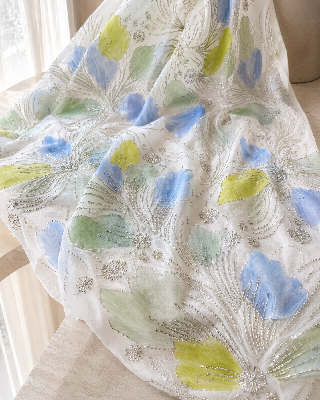 Printed Net Fabric – Sky Blue, Mint & Yellow Large Petal Floral with Silver Bead Scrollwork - Image 4