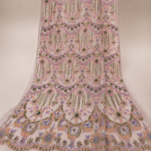 Bridal Net Fabric – Lavender Multicolour Art Deco Scallop & Fringe Bead Embroidered