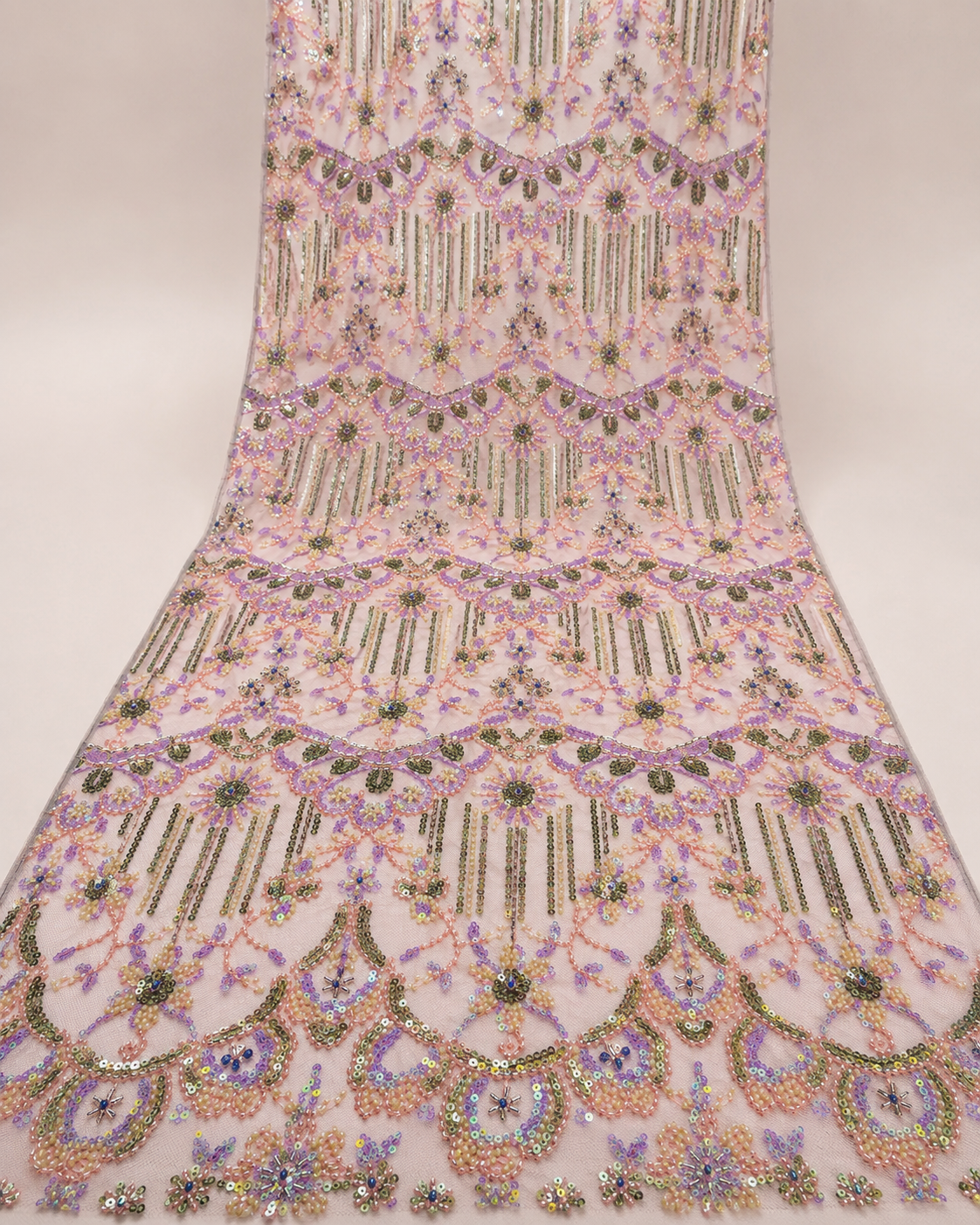 Bridal Net Fabric – Lavender Multicolour Art Deco Scallop & Fringe Bead Embroidered - Image 2
