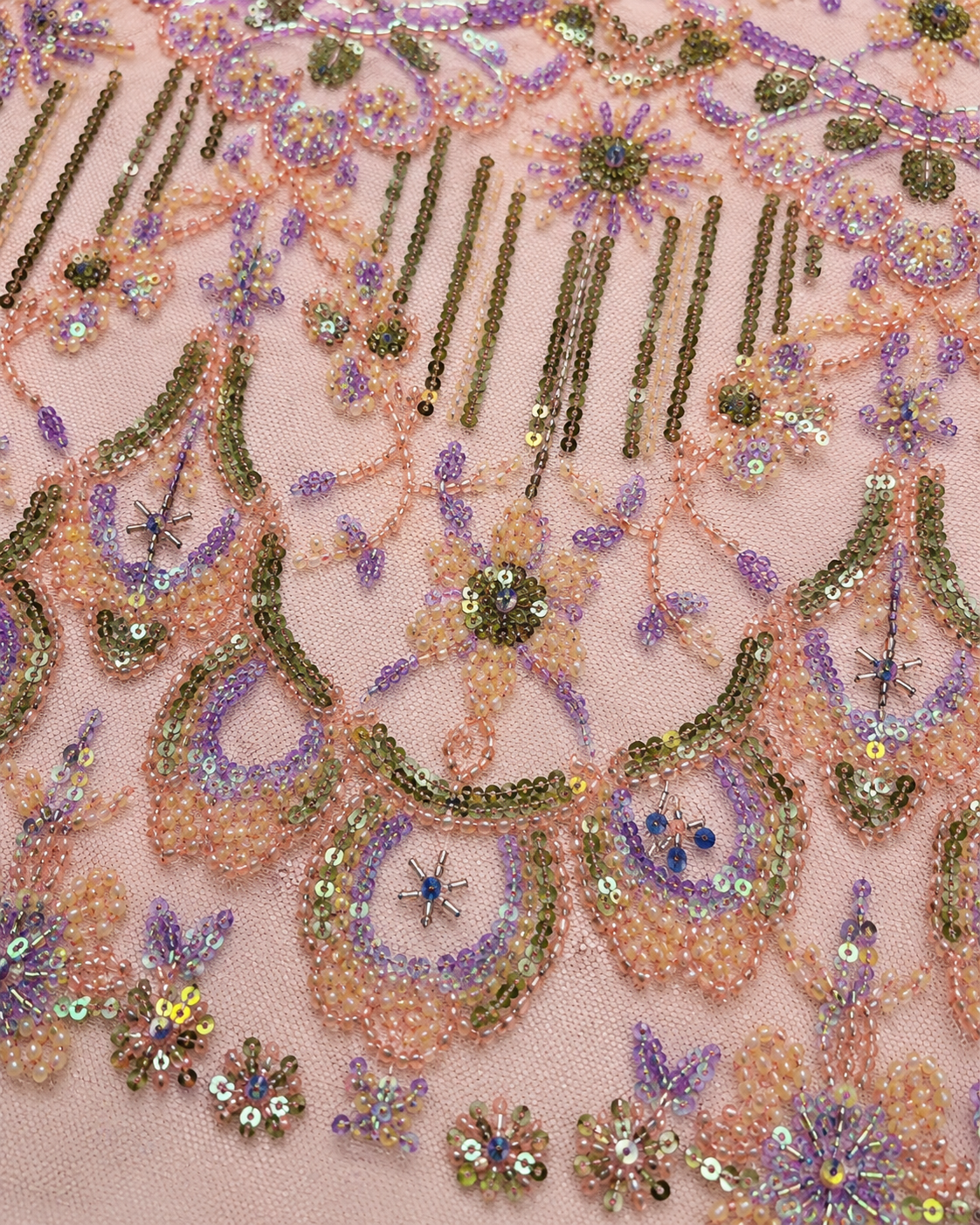 Bridal Net Fabric – Lavender Multicolour Art Deco Scallop & Fringe Bead Embroidered - Image 3