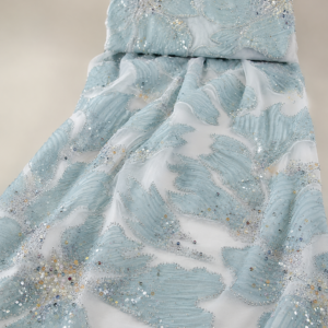Embellished Net Fabric – Ice Blue 3D Ruffle Leaf & Petal with Multicolour Crystal Scatter