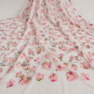 Printed Net Fabric – Blush Pink Cherry Blossom Floral Cluster with Iridescent Sequin Scatter