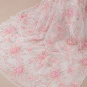 Bridal Net Fabric – Baby Pink Starburst Floral Iridescent Bead & Sequin Embroidered