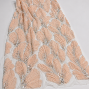 Embellished Net Fabric – Peach 3D Ruffle Feather Leaf with Silver Bead & Crystal Outline