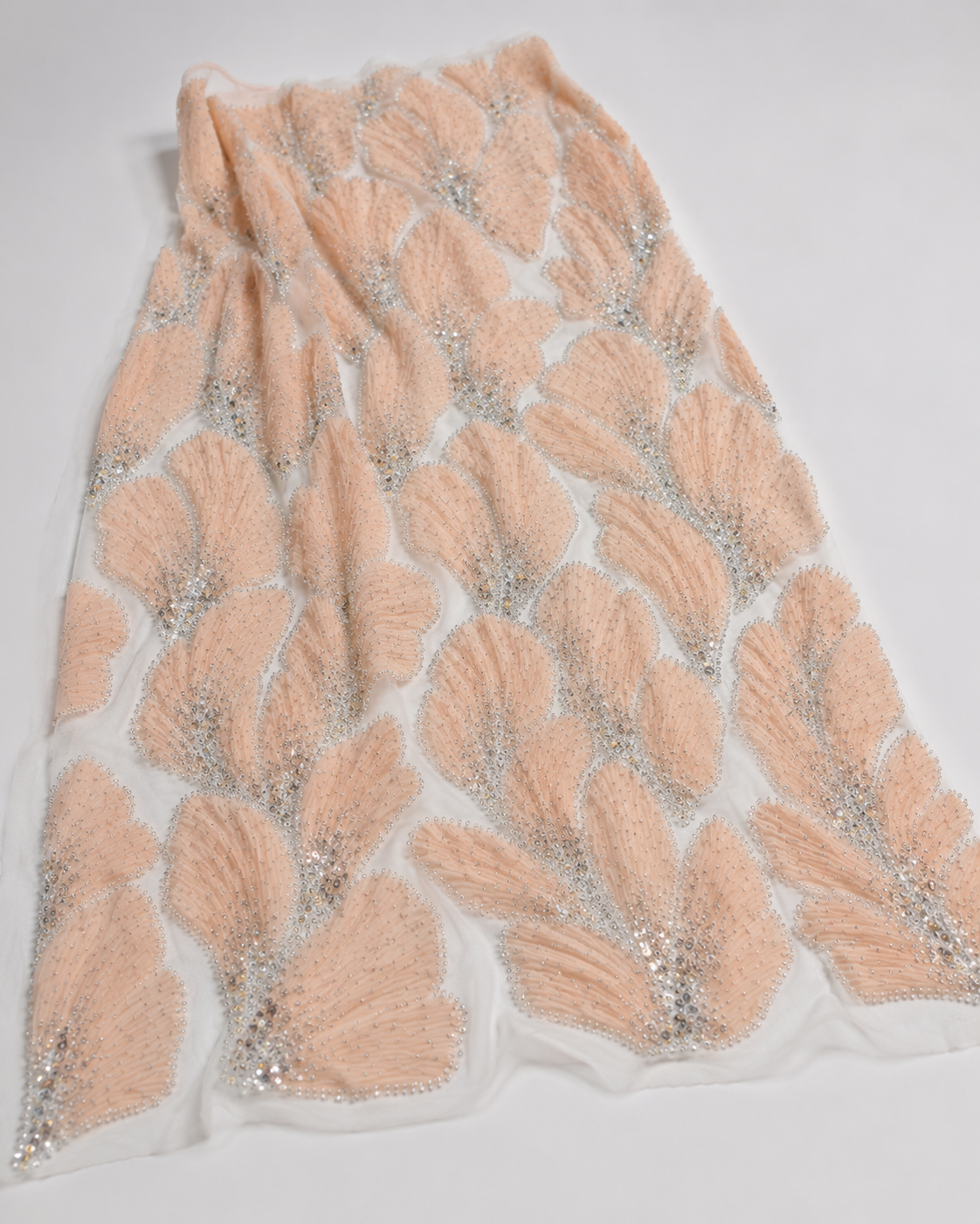 Embellished Net Fabric – Peach 3D Ruffle Feather Leaf with Silver Bead & Crystal Outline