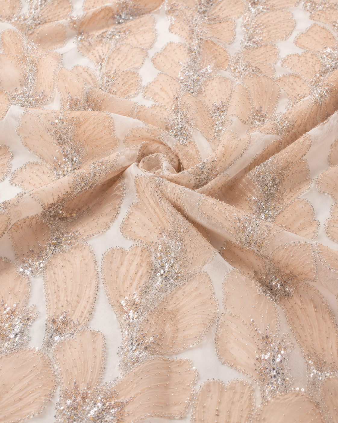 Embellished Net Fabric – Peach 3D Ruffle Feather Leaf with Silver Bead & Crystal Outline - Image 2