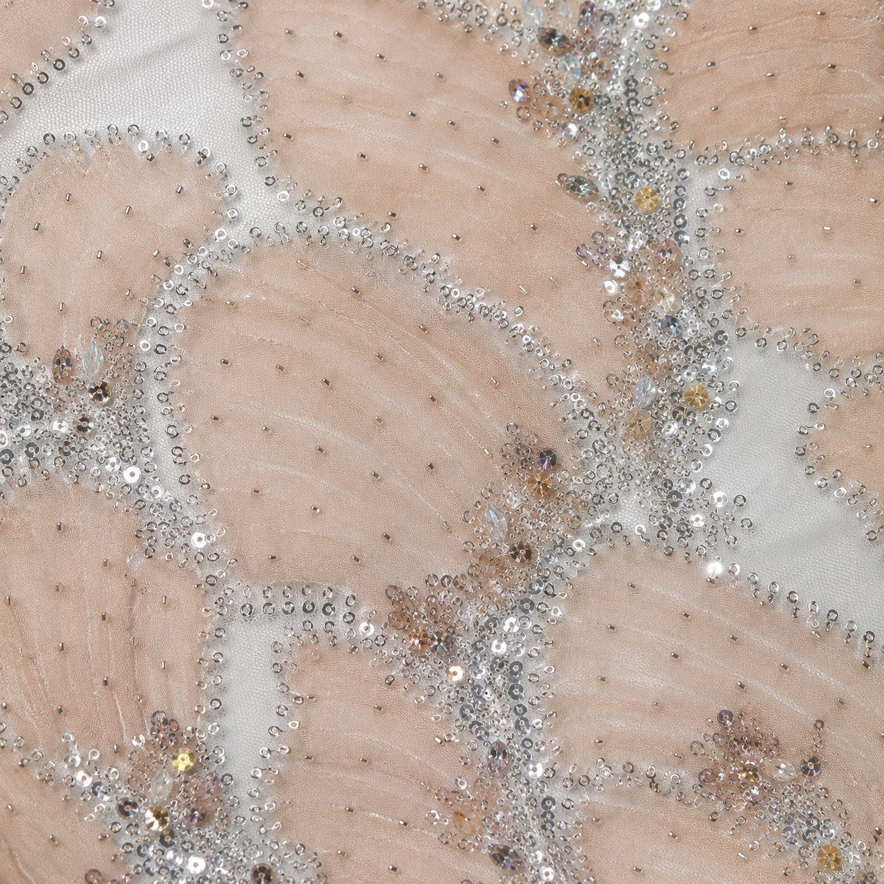 Embellished Net Fabric – Peach 3D Ruffle Feather Leaf with Silver Bead & Crystal Outline - Image 3
