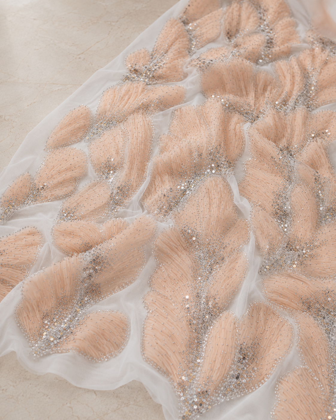 Embellished Net Fabric – Peach 3D Ruffle Feather Leaf with Silver Bead & Crystal Outline - Image 4