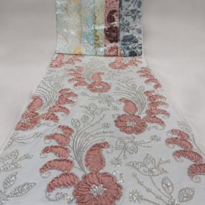 Embellished Net Fabric – Dusty Rose 3D Ruffle Floral & Paisley with Pearl Bead Scrollwork