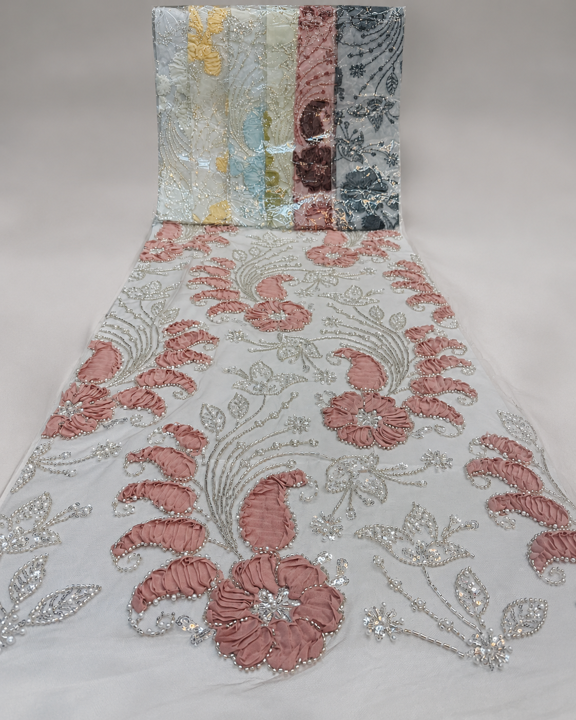 Embellished Net Fabric – Dusty Rose 3D Ruffle Floral & Paisley with Pearl Bead Scrollwork