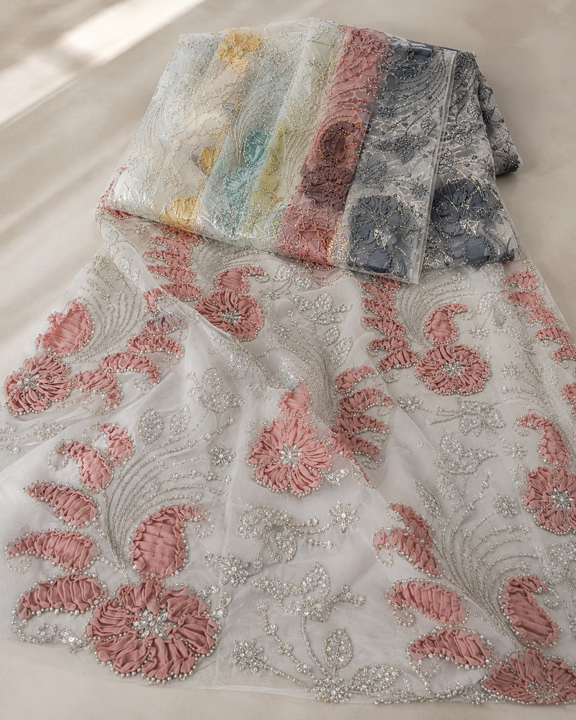 Embellished Net Fabric – Dusty Rose 3D Ruffle Floral & Paisley with Pearl Bead Scrollwork - Image 2