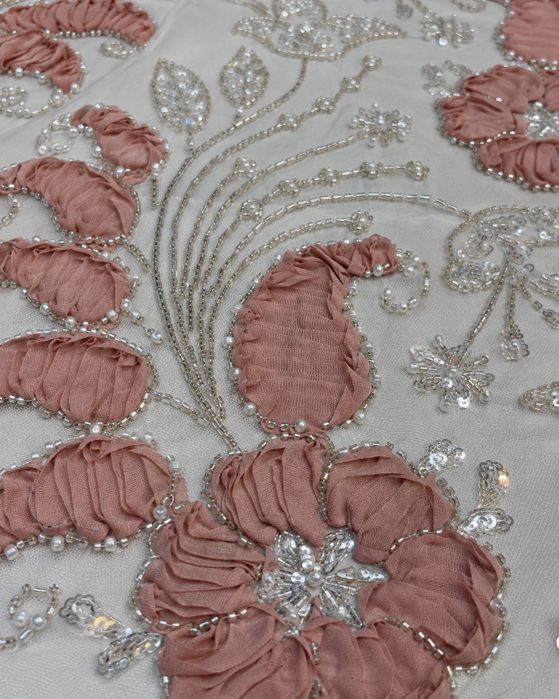 Embellished Net Fabric – Dusty Rose 3D Ruffle Floral & Paisley with Pearl Bead Scrollwork - Image 3