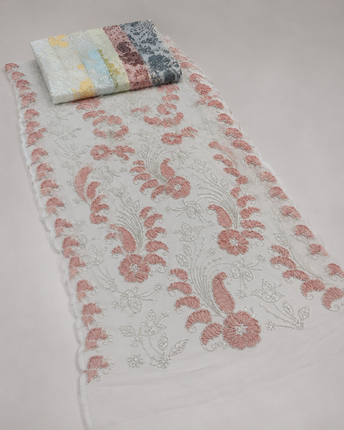 Embellished Net Fabric – Dusty Rose 3D Ruffle Floral & Paisley with Pearl Bead Scrollwork - Image 4