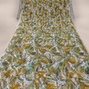 Printed Fabric – Grey-Teal Marble Print Gold Sunburst & Floral Vine Bead Embellished
