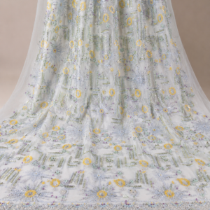 Bridal Net Fabric – White Multicolour Art Deco Geometric Bead Embroidered with Scallop Border