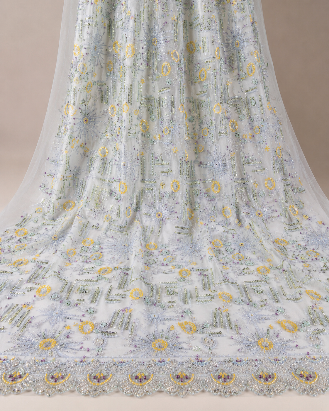 Bridal Net Fabric – White Multicolour Art Deco Geometric Bead Embroidered with Scallop Border