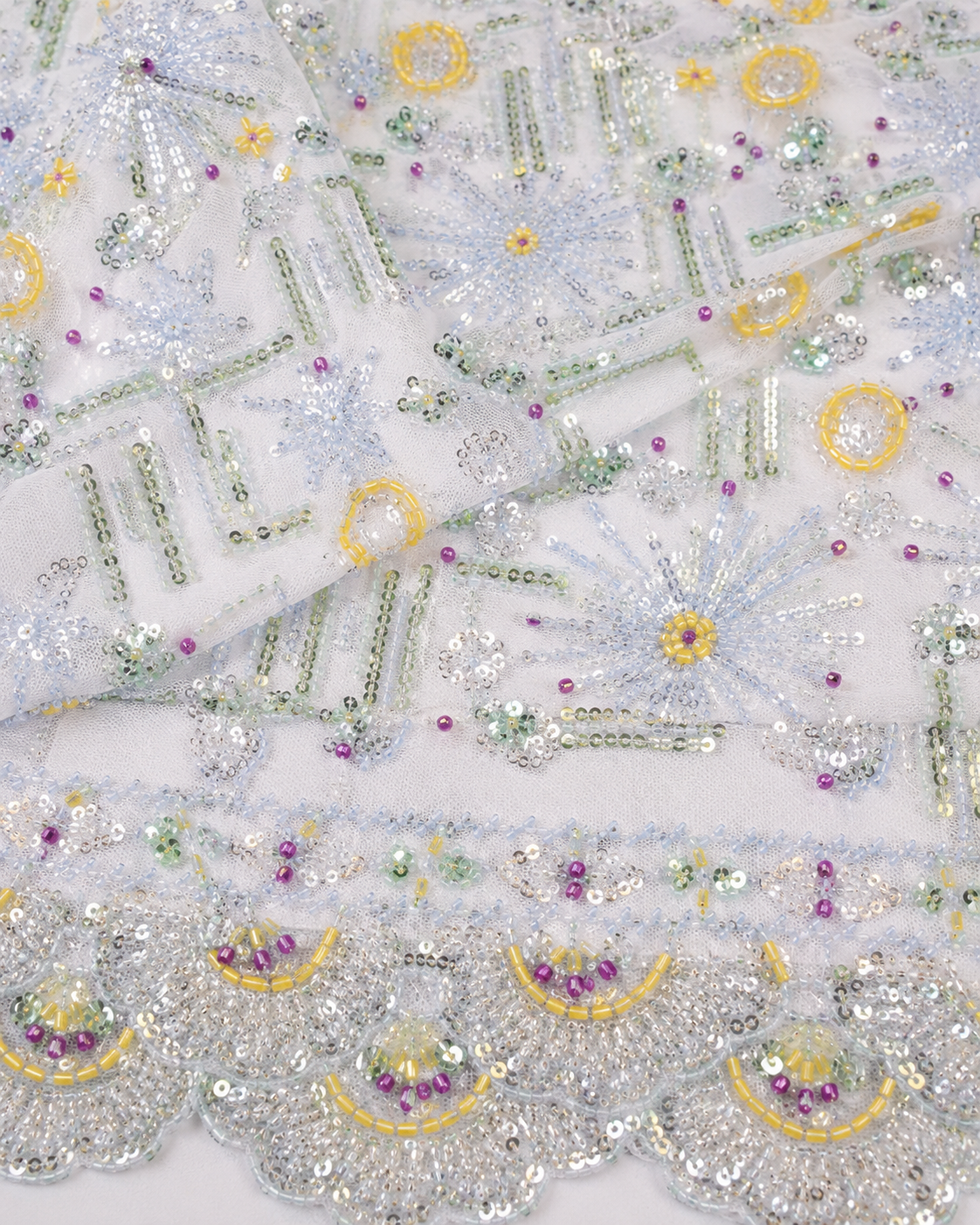 Bridal Net Fabric – White Multicolour Art Deco Geometric Bead Embroidered with Scallop Border - Image 3