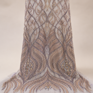 Bridal Net Fabric – Lavender & Champagne Gold Art Deco Ogee Heavy Bead & Bugle Embroidered