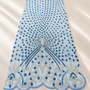 Bridal Net Fabric – Sky Blue Radiant Fan with Silver Scrollwork & Blue Sequin Flowers