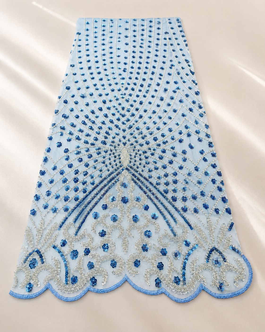 Bridal Net Fabric – Sky Blue Radiant Fan with Silver Scrollwork & Blue Sequin Flowers