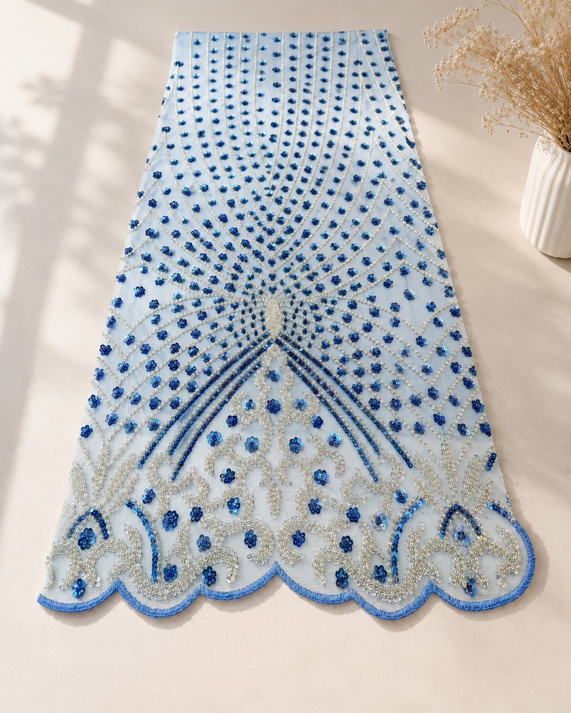 Bridal Net Fabric – Sky Blue Radiant Fan with Silver Scrollwork & Blue Sequin Flowers - Image 2