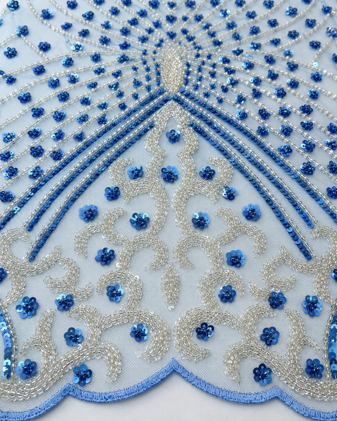 Bridal Net Fabric – Sky Blue Radiant Fan with Silver Scrollwork & Blue Sequin Flowers - Image 3