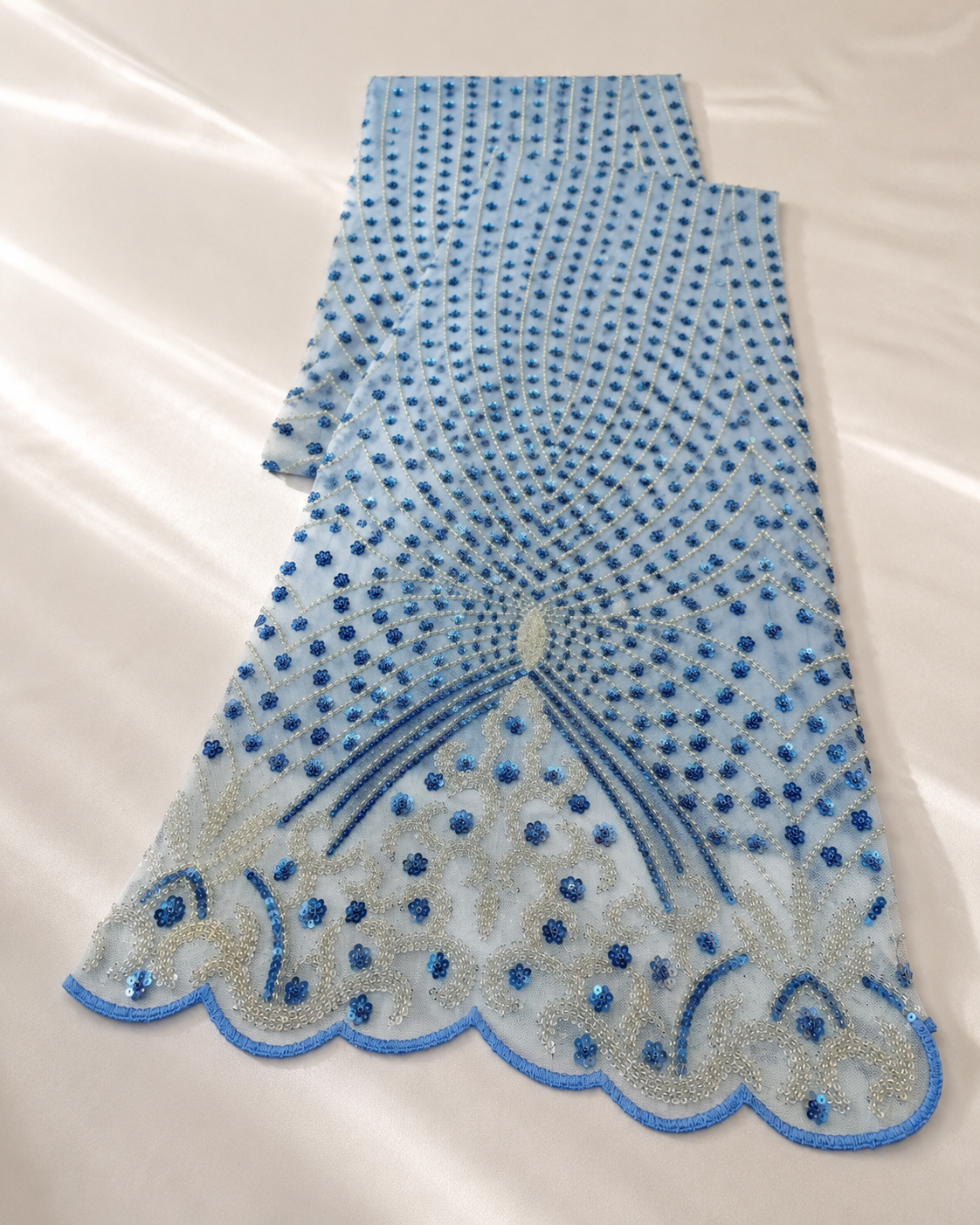 Bridal Net Fabric – Sky Blue Radiant Fan with Silver Scrollwork & Blue Sequin Flowers - Image 4