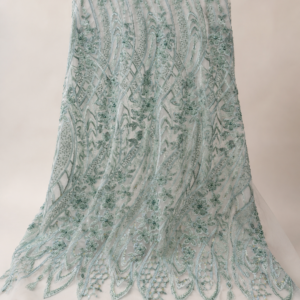 Embellished Net Fabric – Sage Green Tonal Feather Leaf & Floral Vine Sequin Embroidered